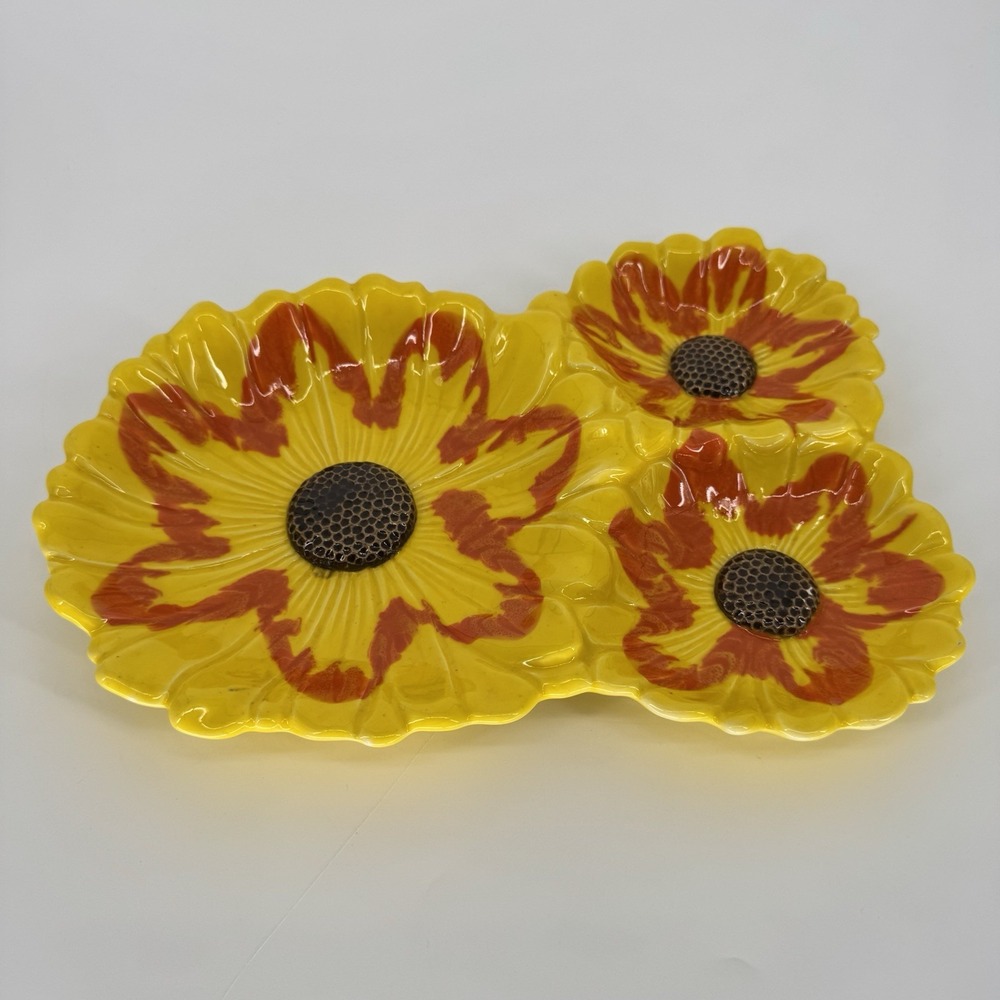 Mid Century Sunflower Divided Dish Triple Santa Anita California Yellow Orange‎